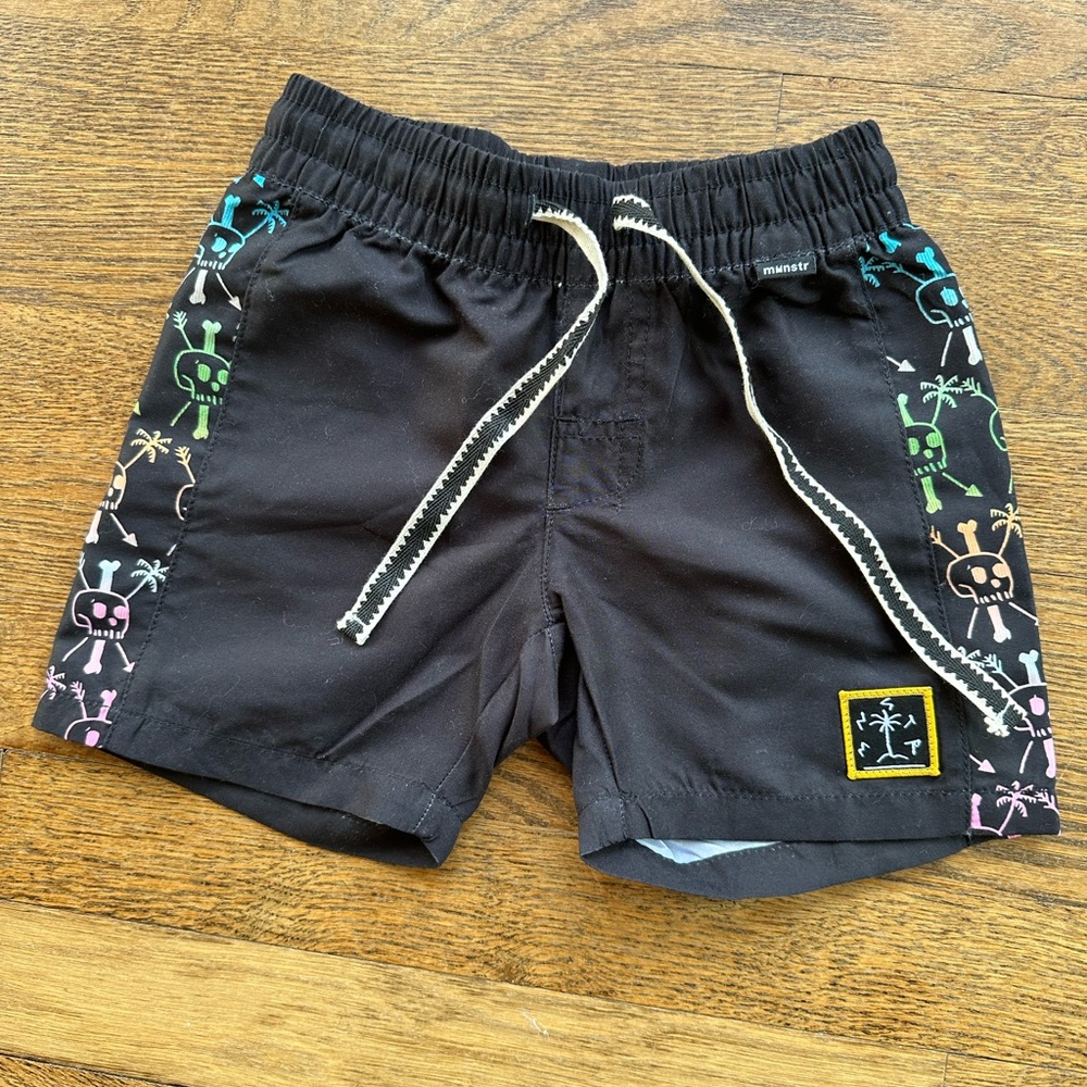 Monster brand swim shorts, black with multicolor skull/palm tree accents NWT